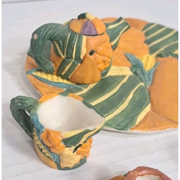 Young’s Inc Mini Pumpkin Tea Set Fall Ceramic Cups Teapot Plate Cream Sugar Jar - Picture 3 of 6